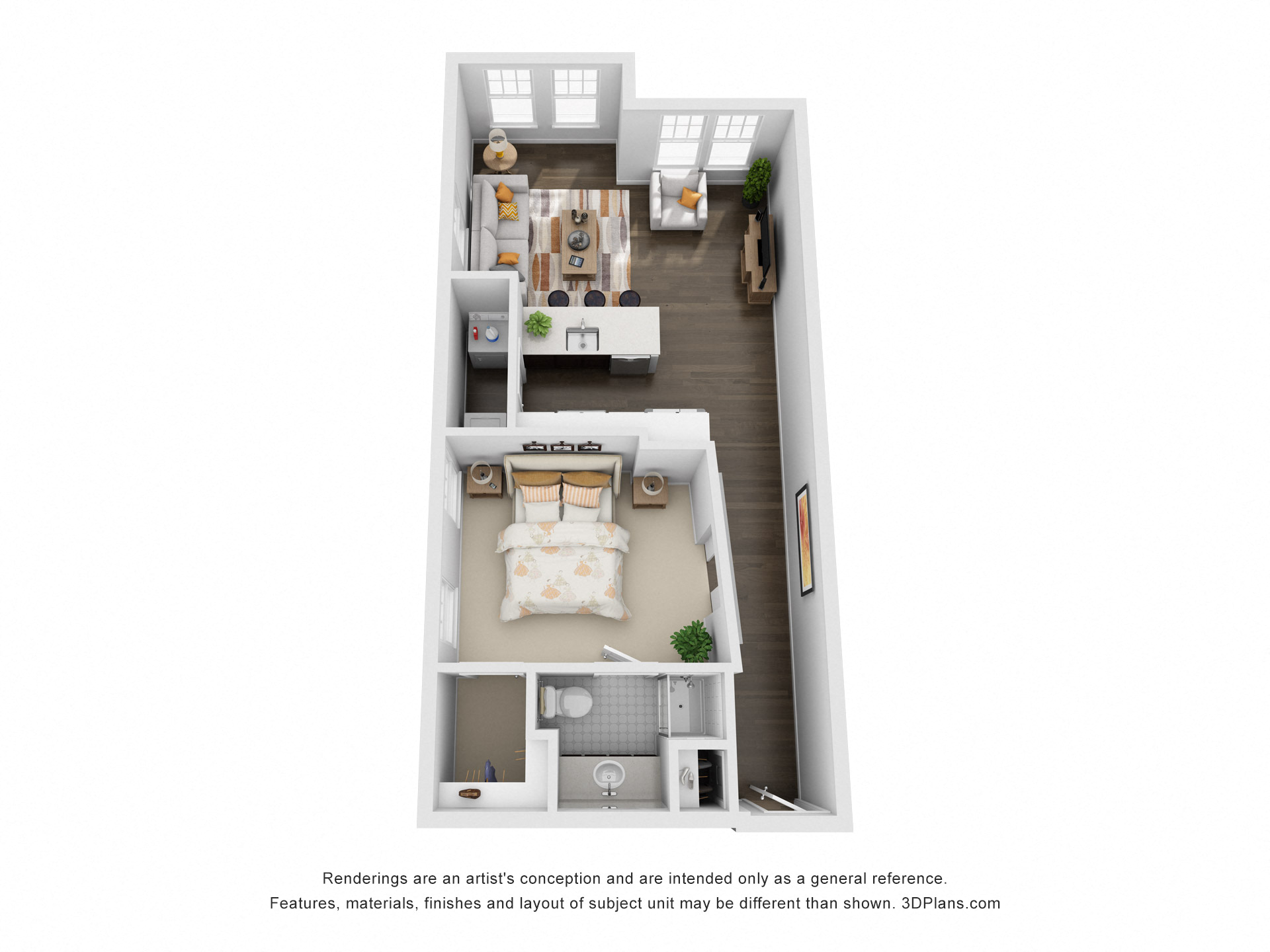 Floor plan for 1 bed, 1 bath, 696 sqft